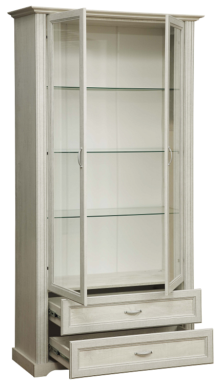 Шкаф комбинированный 32.05 Сохо со стеклом New бетон пайн белый/профиль бетон пайн белый патина/ДВПО белый/стекло